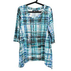 Plaid Shirt L Womens Green White Knit Embellished Gems 3/4 Sleeve Asymmetrical